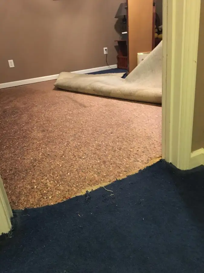 Carpet pad removal revealing water damage during Water Mitigation Services in Selma